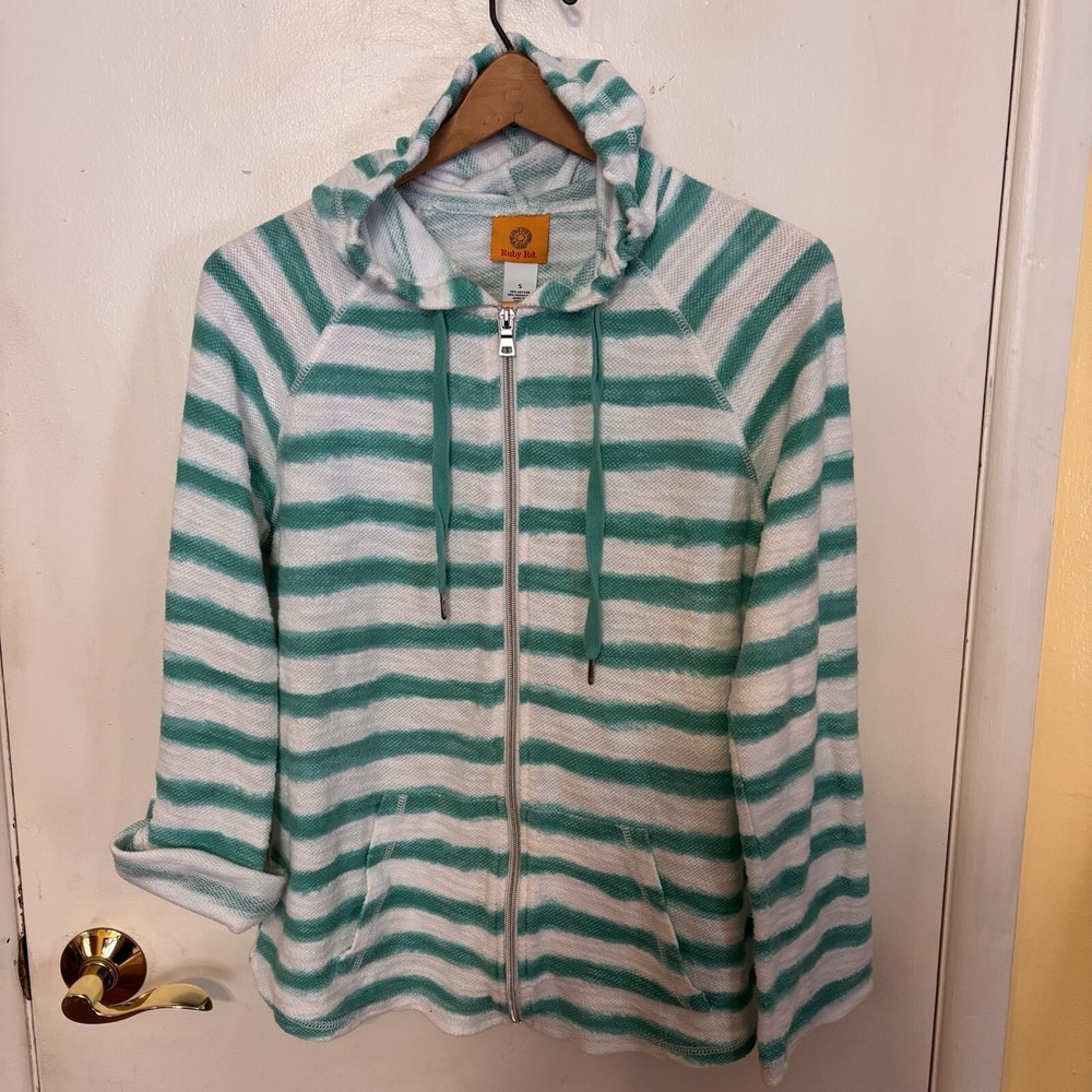Ruby Rd. Women Teal & White Striped Zip Up Light Weight‎ Hoodie-Small